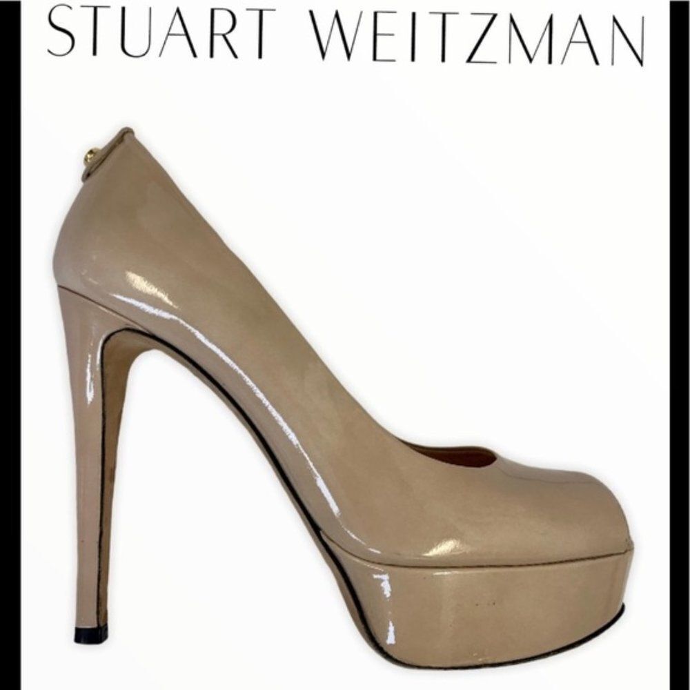 Stuart Weitzman beige tan nude platform patent pumps size 8.5